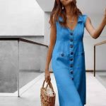 Summer Fashion V-Neck Button Dress Women Sleeveless Office Party Casual Dresses - Image 9