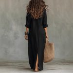 Long-sleeve Maxi Dress Casual Solid Color Lapel Collar Side Slit Beach Dresses Women's Clothing - Image 8