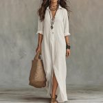 Long-sleeve Maxi Dress Casual Solid Color Lapel Collar Side Slit Beach Dresses Women's Clothing - Image 5