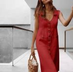 Summer Fashion V-Neck Button Dress Women Sleeveless Office Party Casual Dresses - Image 7