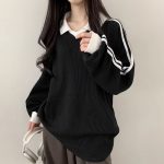 Contrast-color POLO Collar Striped Hoodie - Image 2