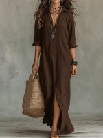 Long-sleeve Maxi Dress Casual Solid Color Lapel Collar Side Slit Beach Dresses Women's Clothing - Image 4