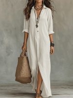 Long-sleeve Maxi Dress Casual Solid Color Lapel Collar Side Slit Beach Dresses Women's Clothing - Image 9