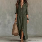 Long-sleeve Maxi Dress Casual Solid Color Lapel Collar Side Slit Beach Dresses Women's Clothing - Image 10