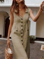 Summer Fashion V-Neck Button Dress Women Sleeveless Office Party Casual Dresses - Image 4