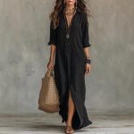 Long-sleeve Maxi Dress Casual Solid Color Lapel Collar Side Slit Beach Dresses Women's Clothing - Image 2